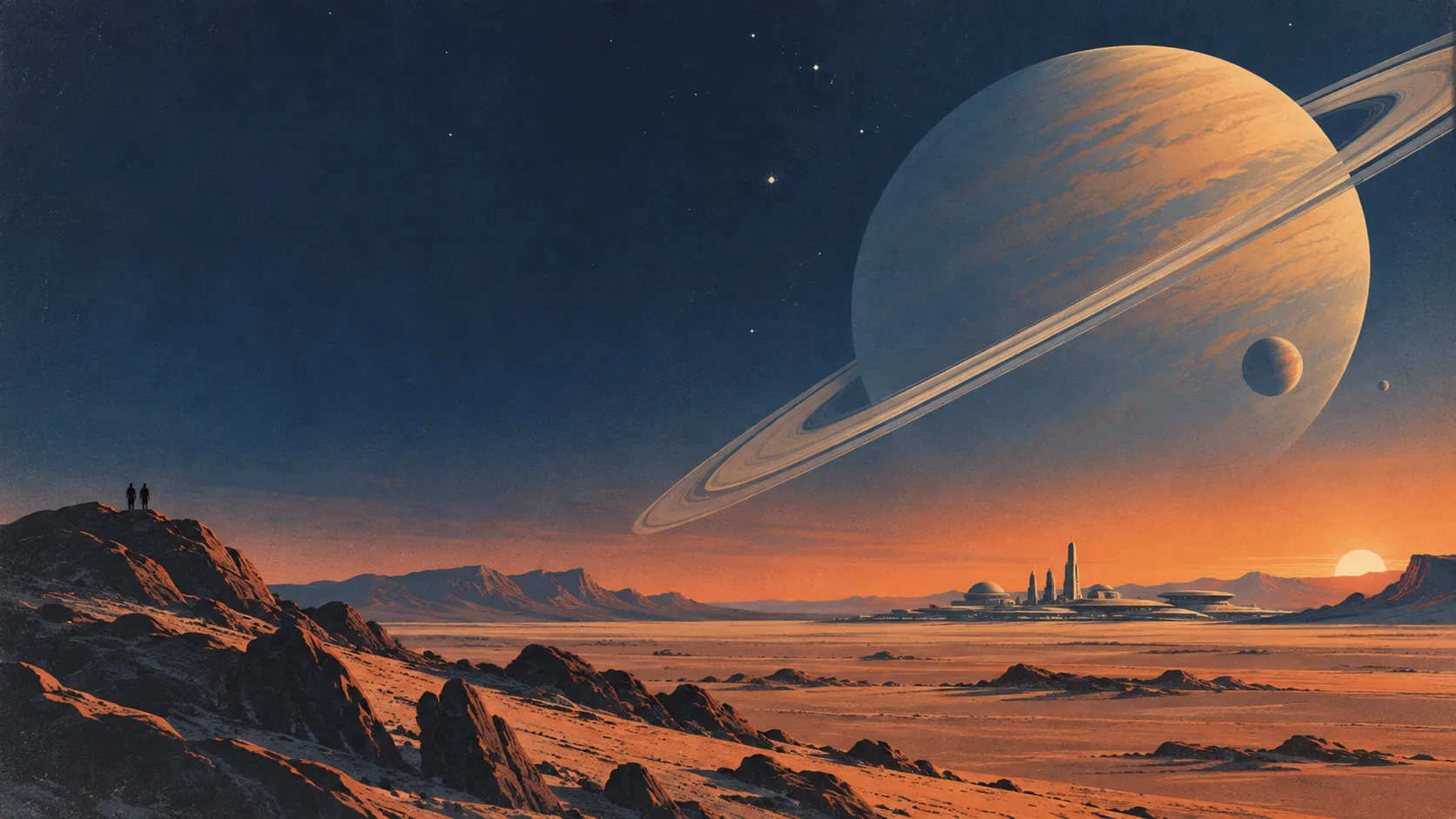 An original retro-futurist landscape with a ringed world rising beyond a distant planetary settlement